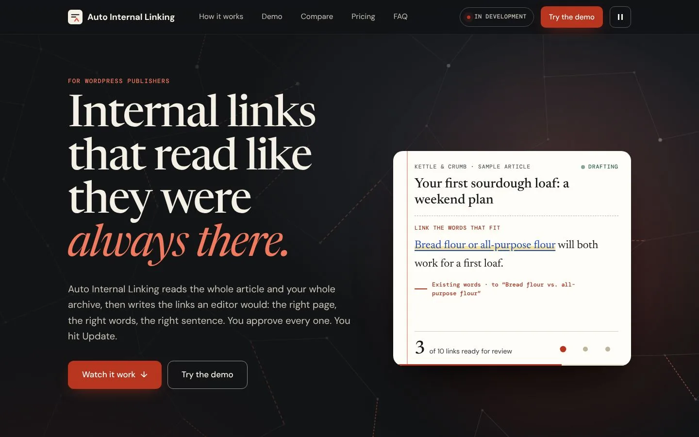 Auto Internal Linking product interface, shown with sample content