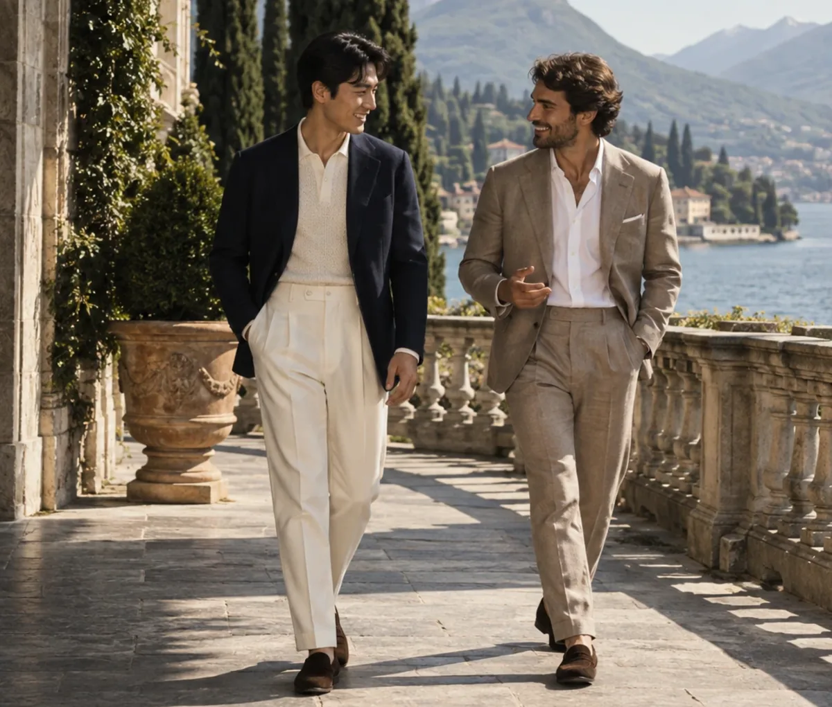 Two men in tailored linen and wool walking on a lakeside terrace: editorial imagery from The VOU