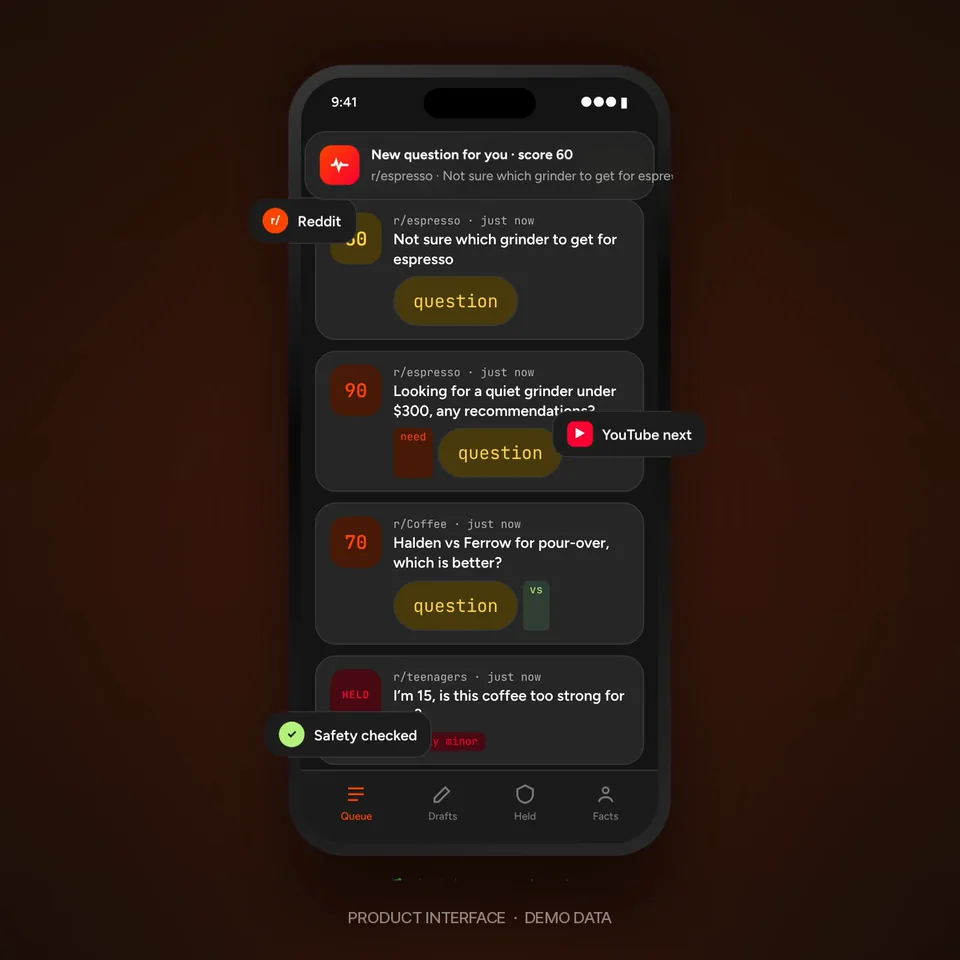 ChimeHound product interface: a ranked queue of brand conversations, shown with demo data