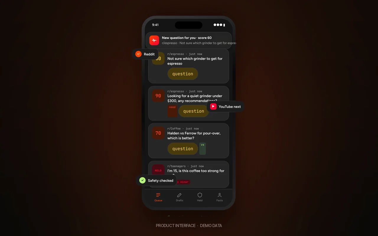 ChimeHound product interface: a ranked queue of brand conversations, shown with demo data