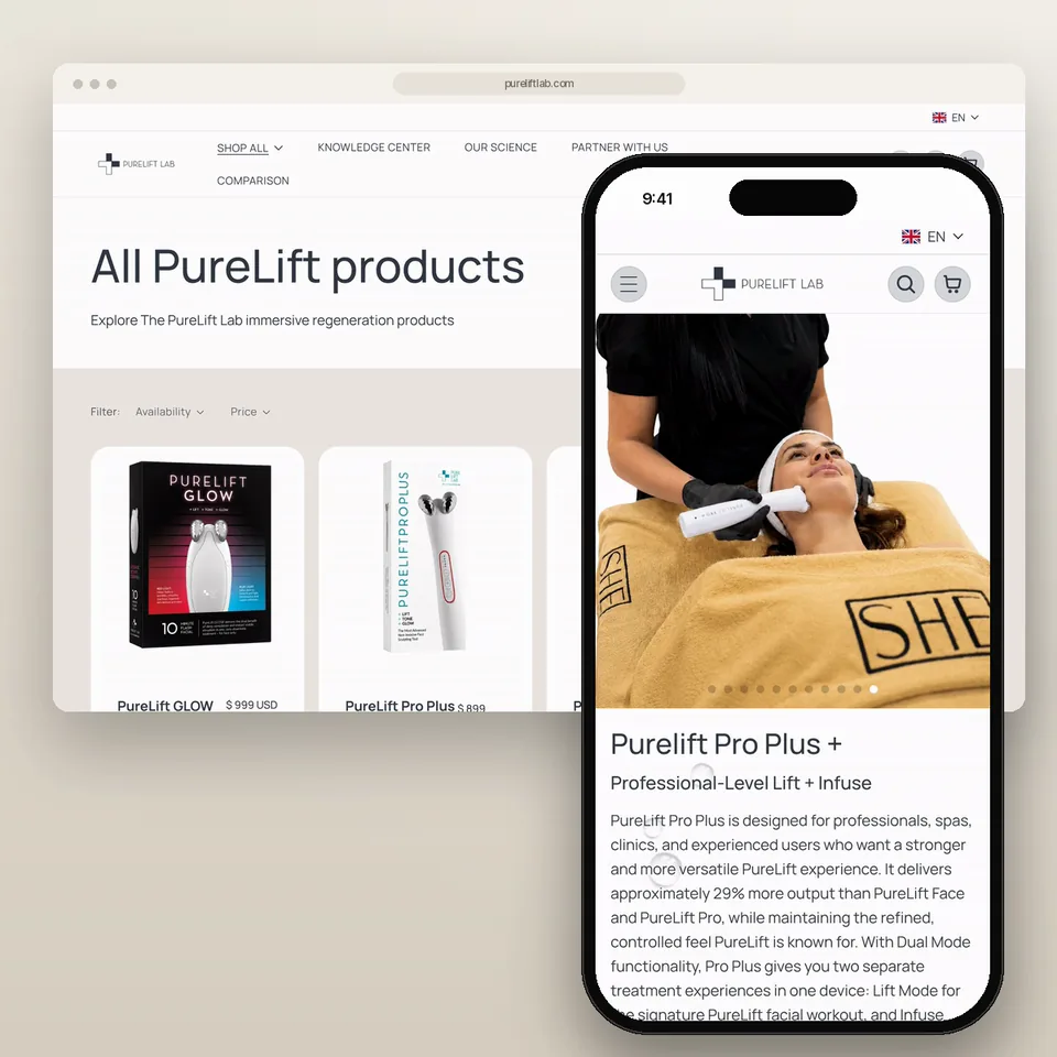 PureLift LAB storefront built by LARA, shown on desktop and mobile: the product range and a product page