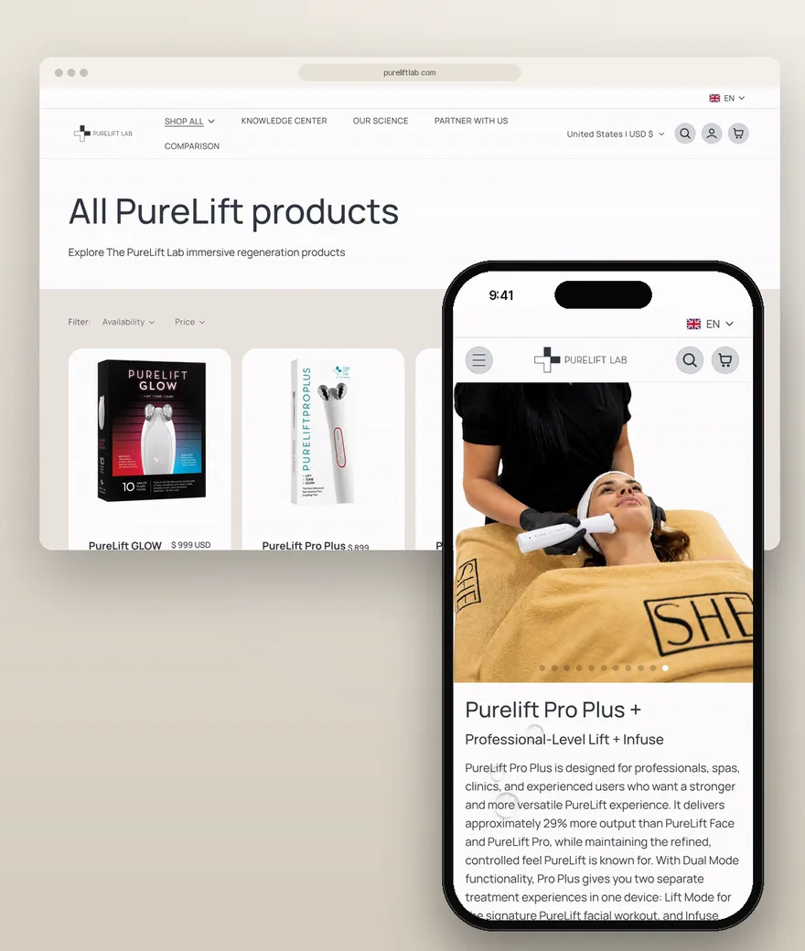 PureLift LAB storefront built by LARA, shown on desktop and mobile: the product range and a product page