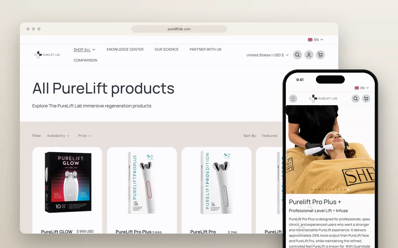 PureLift LAB storefront built by LARA, shown on desktop and mobile: the product range and a product page